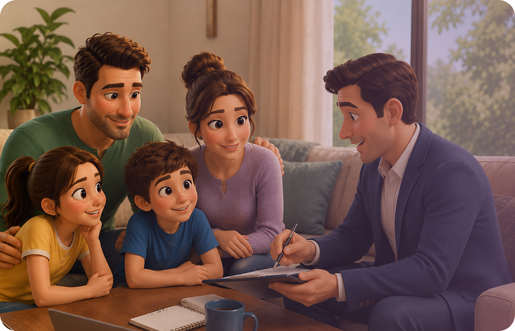 Familia hablando con un asesor de seguros